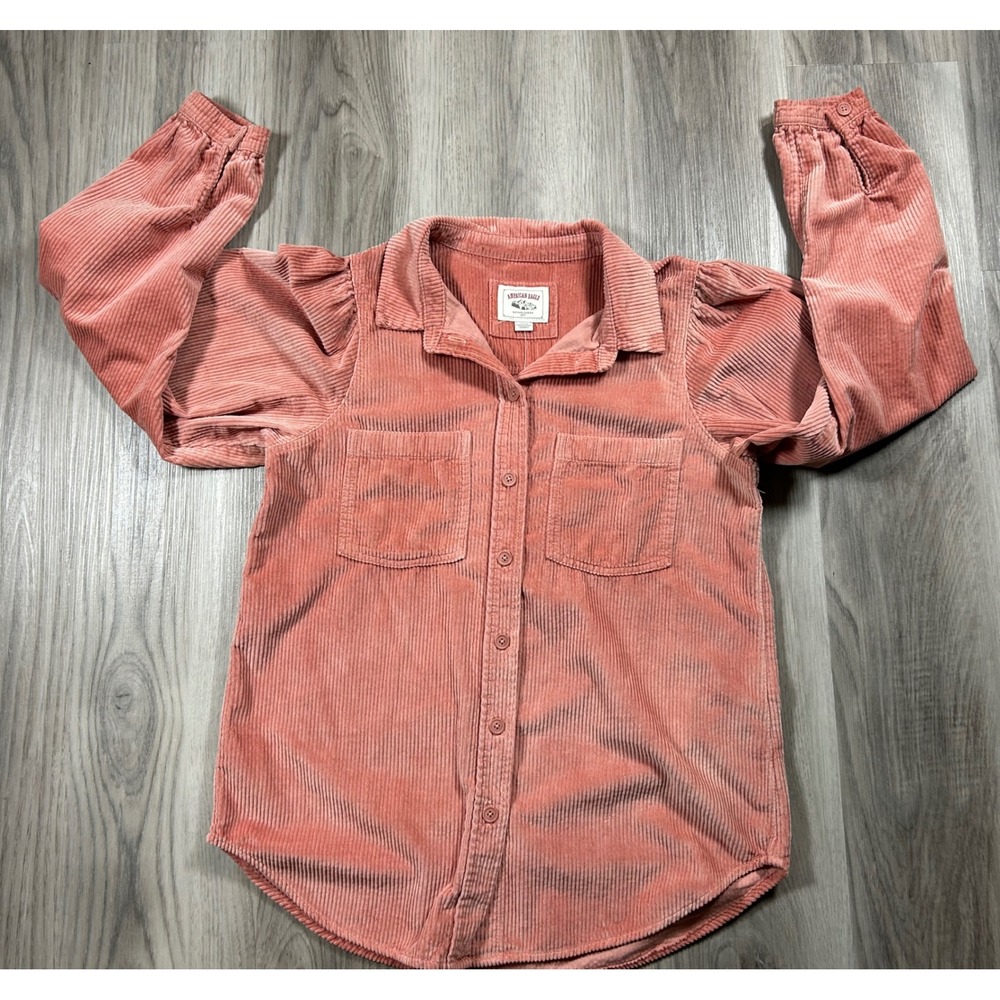 American Eagle Corduroy Puff Sleeve Button Down Shirt‎ Salmon Pink Womens S NWT